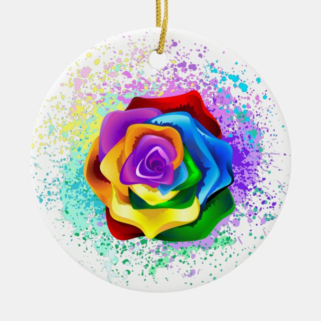 Colorful Rainbow Rose Ceramic Ornament (Front)