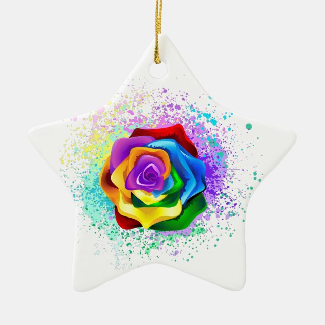 Colorful Rainbow Rose Ceramic Ornament (Front)