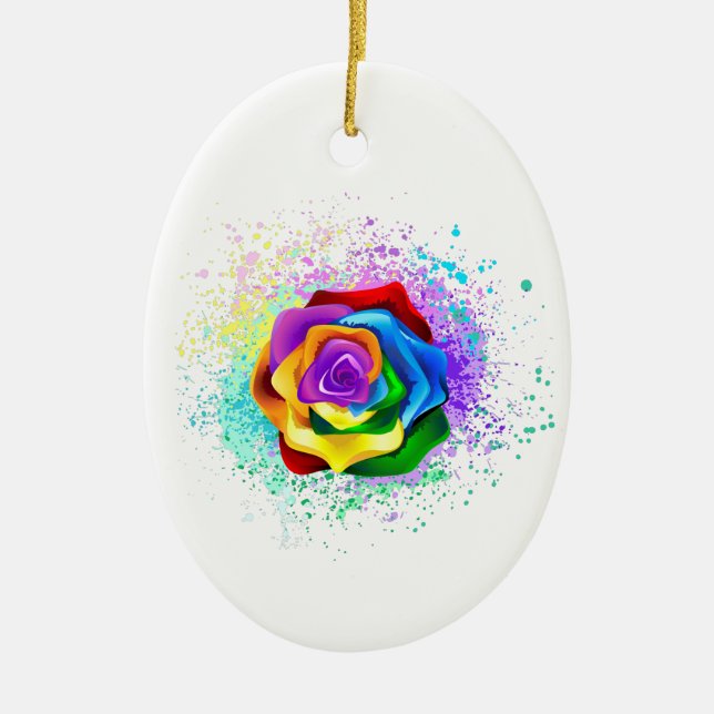 Colorful Rainbow Rose Ceramic Ornament (Front)