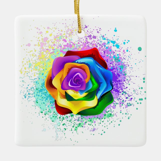Colorful Rainbow Rose Ceramic Ornament (Front)