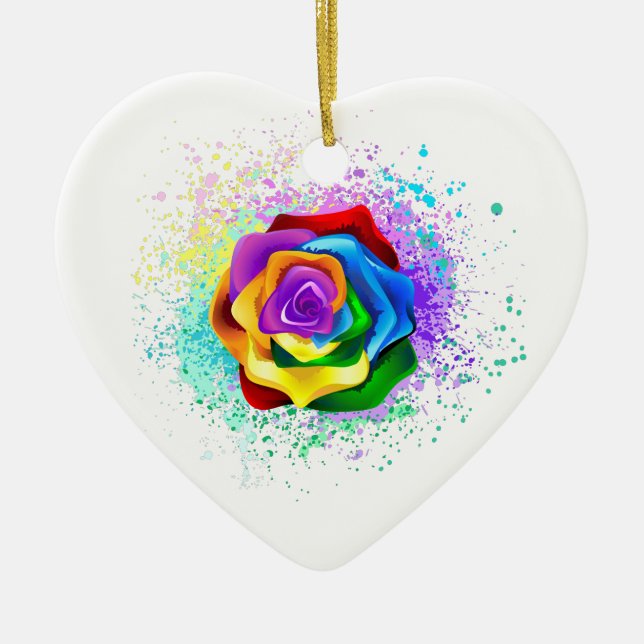 Colorful Rainbow Rose Ceramic Ornament (Front)