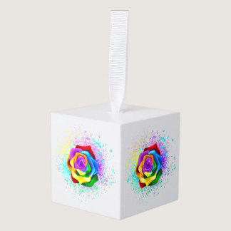 Colorful Rainbow Rose Cube Ornament