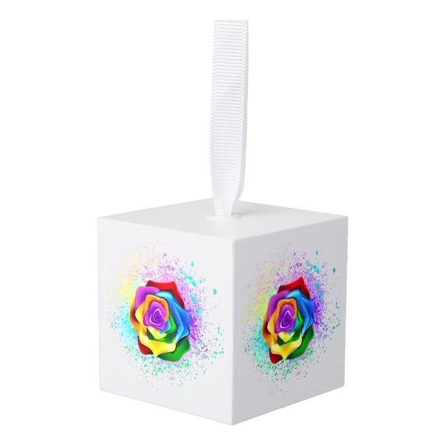 Colorful Rainbow Rose Cube Ornament (Front Angled)