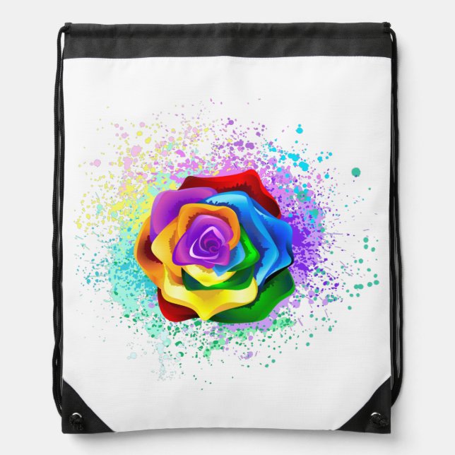 Colorful Rainbow Rose Drawstring Bag (Front)