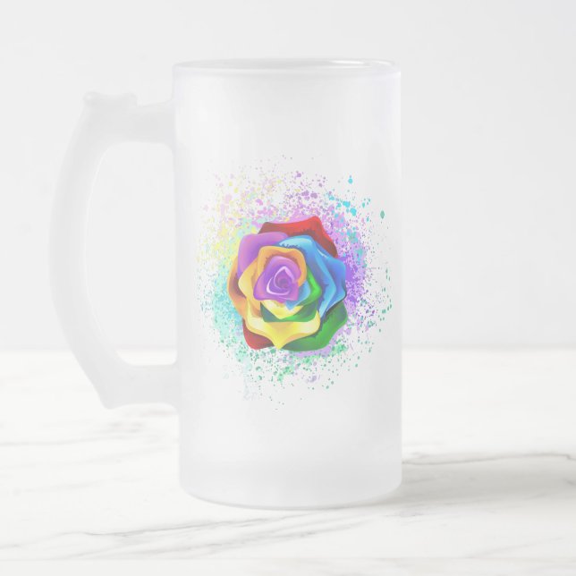 Colorful Rainbow Rose Frosted Glass Beer Mug (Left)