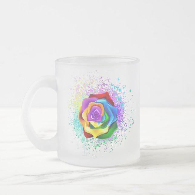 Colorful Rainbow Rose Frosted Glass Coffee Mug (Left)