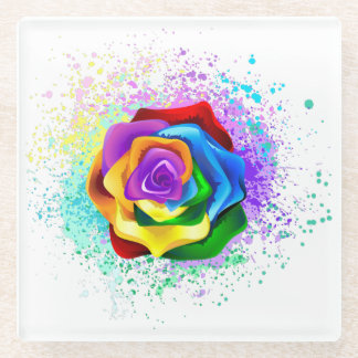 Colorful Rainbow Rose Glass Coaster