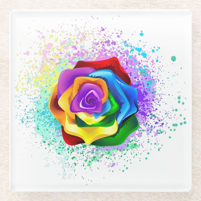 Colorful Rainbow Rose Glass Coaster (Front)