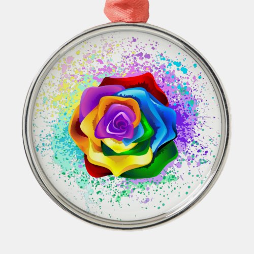 Colorful Rainbow Rose Metal Ornament