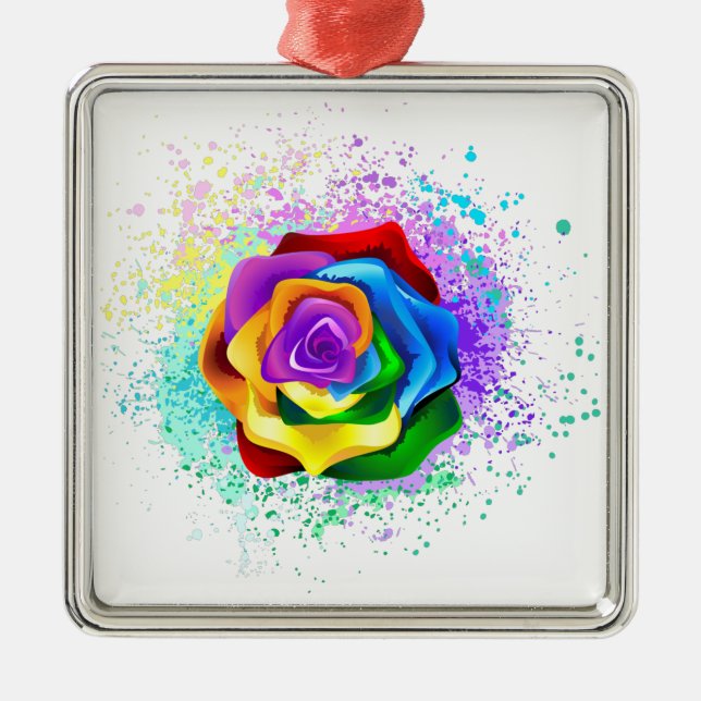 Colorful Rainbow Rose Metal Ornament (Front)