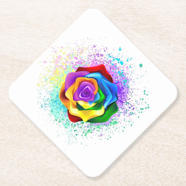 Colorful Rainbow Rose Paper Coaster (Front)