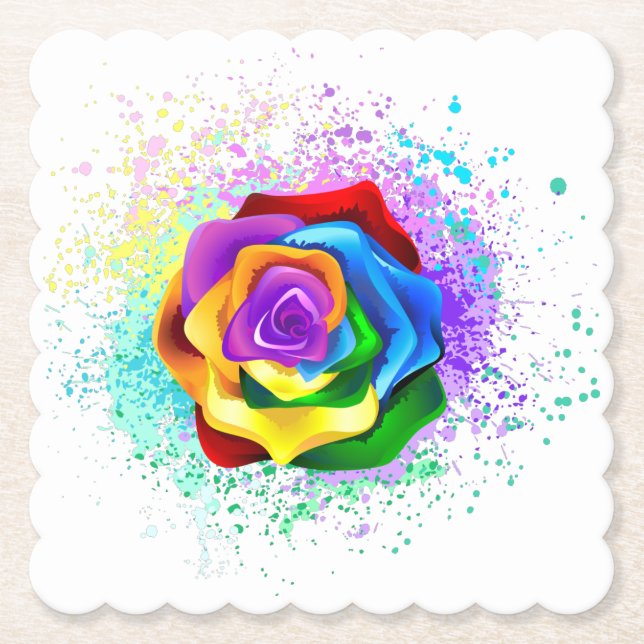 Colorful Rainbow Rose Paper Coaster (Front)