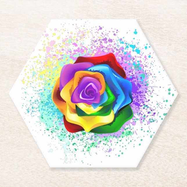 Colorful Rainbow Rose Paper Coaster (Front)