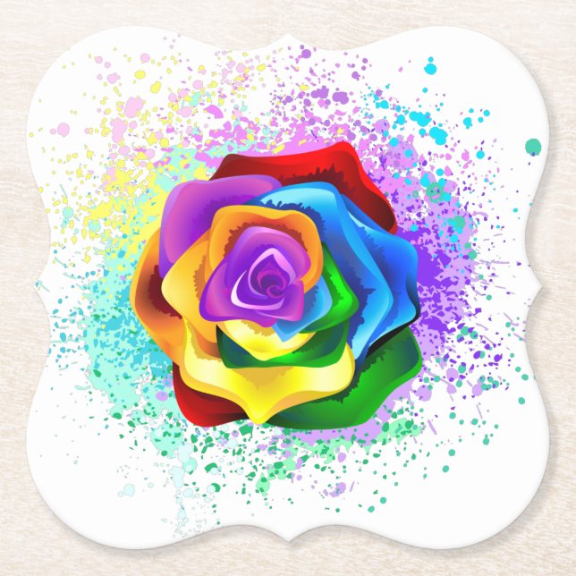 Colorful Rainbow Rose Paper Coaster (Front)