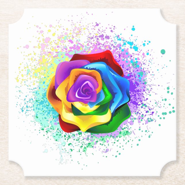 Colorful Rainbow Rose Paper Coaster (Front)