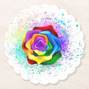 Colorful Rainbow Rose Paper Coaster