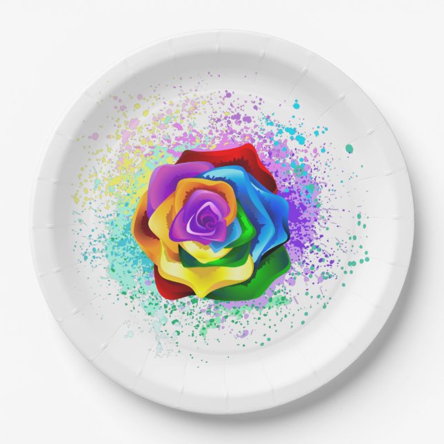 Colorful Rainbow Rose Paper Plates (Front)