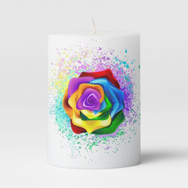 Colorful Rainbow Rose Pillar Candle (Front)