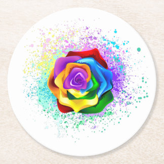 Colorful Rainbow Rose Round Paper Coaster