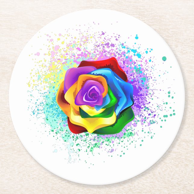 Colorful Rainbow Rose Round Paper Coaster (Front)