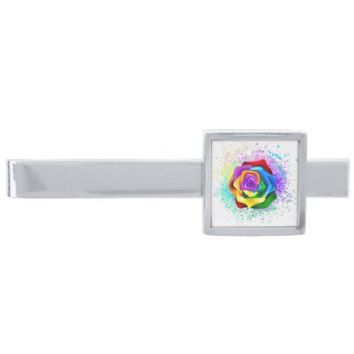 Colorful Rainbow Rose Silver Finish Tie Bar