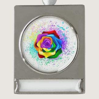 Colorful Rainbow Rose Silver Plated Banner Ornament