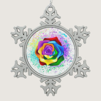 Colorful Rainbow Rose Snowflake Pewter Christmas Ornament