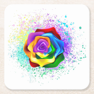 Colorful Rainbow Rose Square Paper Coaster