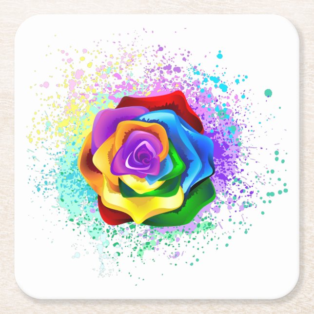 Colorful Rainbow Rose Square Paper Coaster (Front)
