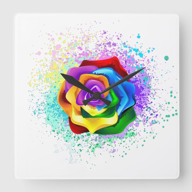 Colorful Rainbow Rose Square Wall Clock (Front)
