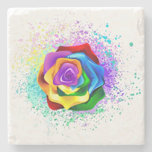 Colorful Rainbow Rose Stone Coaster (Front)