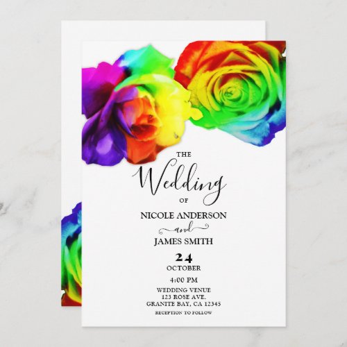 Colorful Rainbow Roses Bold Floral White Wedding Invitation