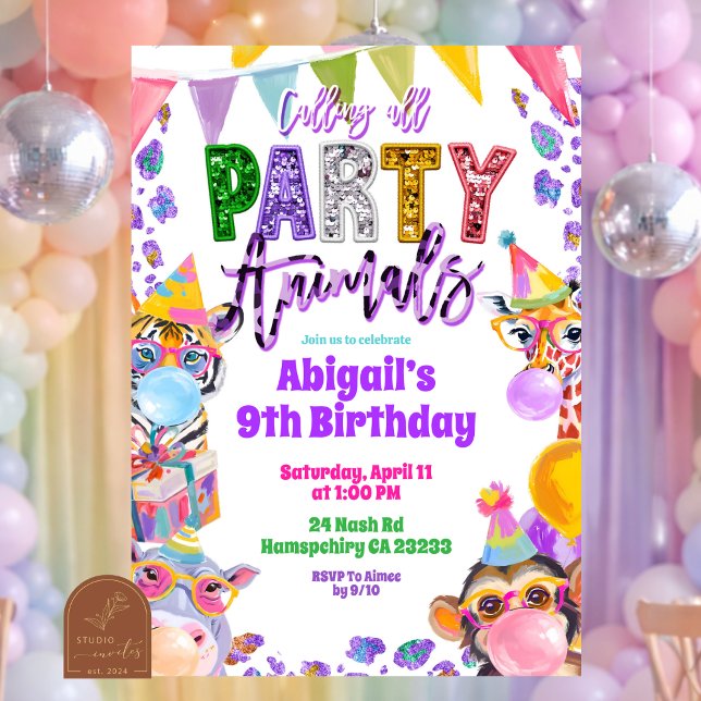Colorful Rainbow Sequin Glitter Safari Birthday Invitation (Creator Uploaded)