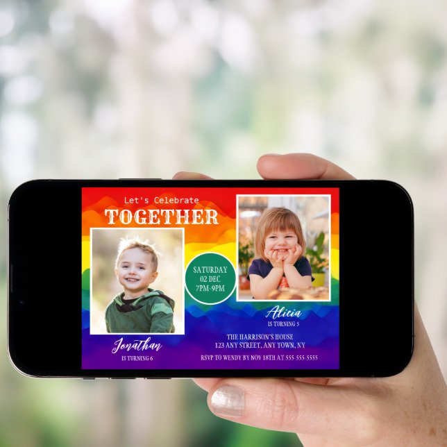 Colorful Rainbow Sibling Photo Joint Birthday  Invitation (Front Digital)