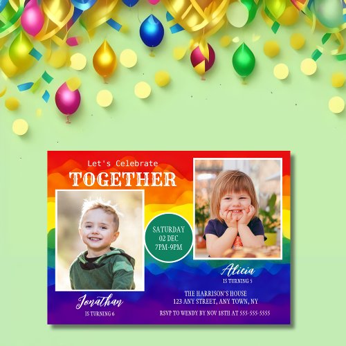 Colorful Rainbow Sibling Photo Joint Birthday  Invitation