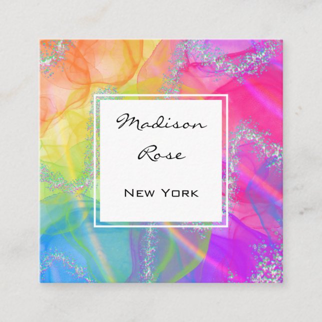 Colorful Rainbow Silver Holographic Luxury Modern Square Business Card (Front)