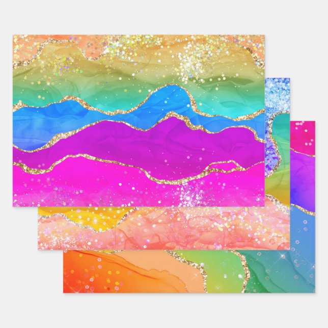 Colorful Rainbow Sparkling Glitter Marble Agate  Wrapping Paper Sheets (Set)