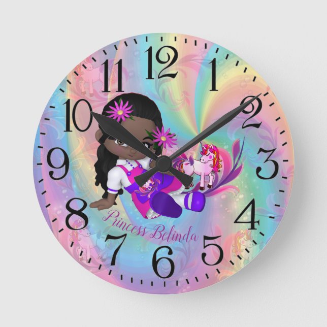 Colorful Rainbow Spirals Cutie Pie's Unicorns Round Clock (Front)