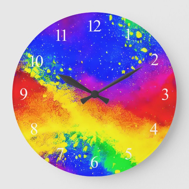 Colorful Rainbow Splattered Paint Pattern  Large Clock (Front)
