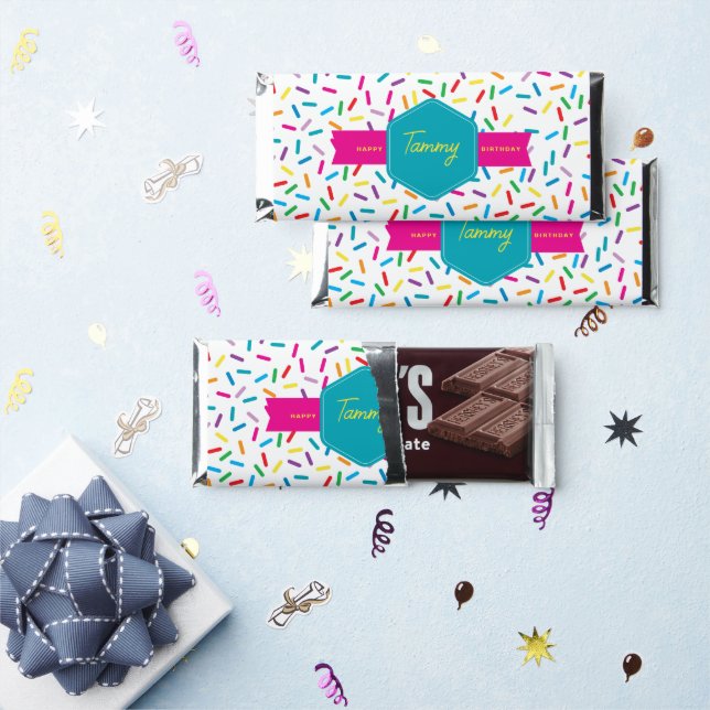 Colorful Rainbow Sprinkles Birthday Party Hershey Bar Favors (Front)