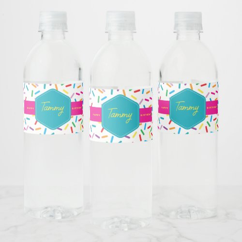 Colorful Rainbow Sprinkles Birthday Party Water Bottle Label