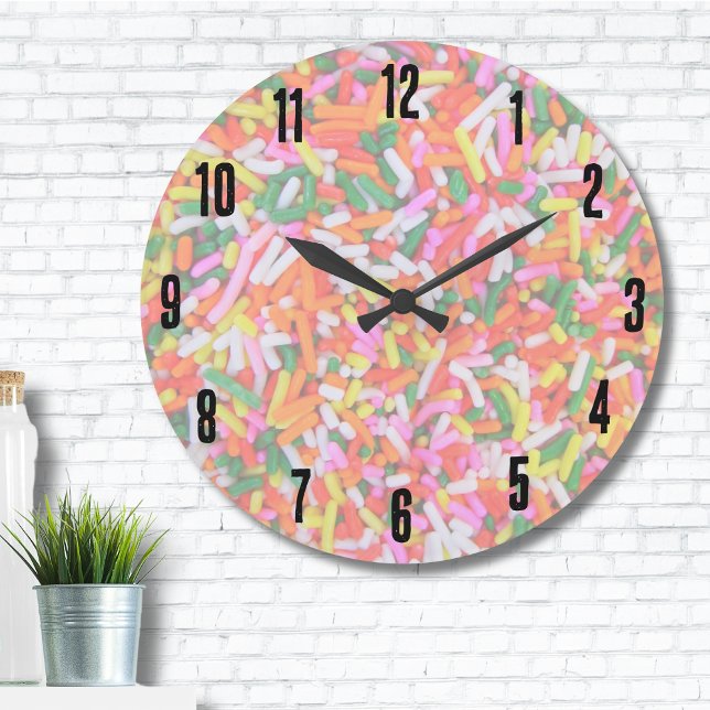 Colorful Rainbow Sprinkles Large Clock (Cute Trendy Rainbow Sprinkles Candy Pattern Large Clock)