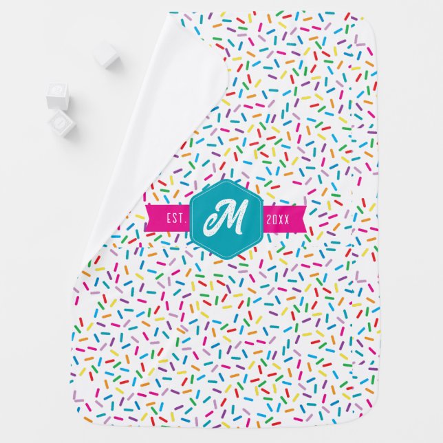 Colorful Rainbow Sprinkles Retro Monogram Baby Blanket (In Situ)
