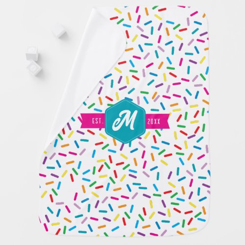 Colorful Rainbow Sprinkles Retro Monogram Baby Blanket