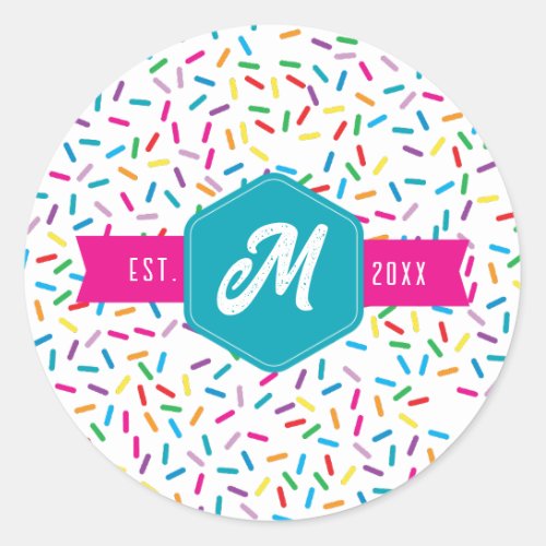 Colorful Rainbow Sprinkles Retro Monogram Classic Round Sticker