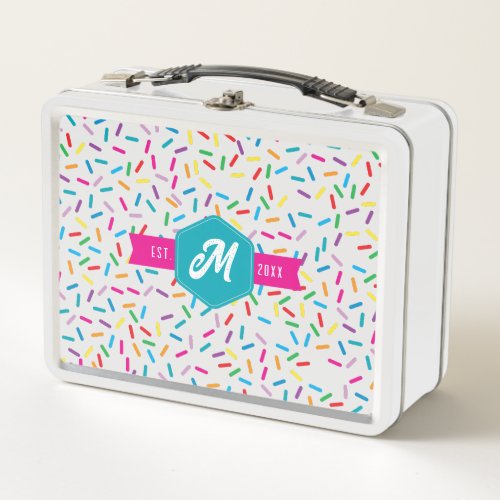 Colorful Rainbow Sprinkles Retro Monogram Metal Lunch Box