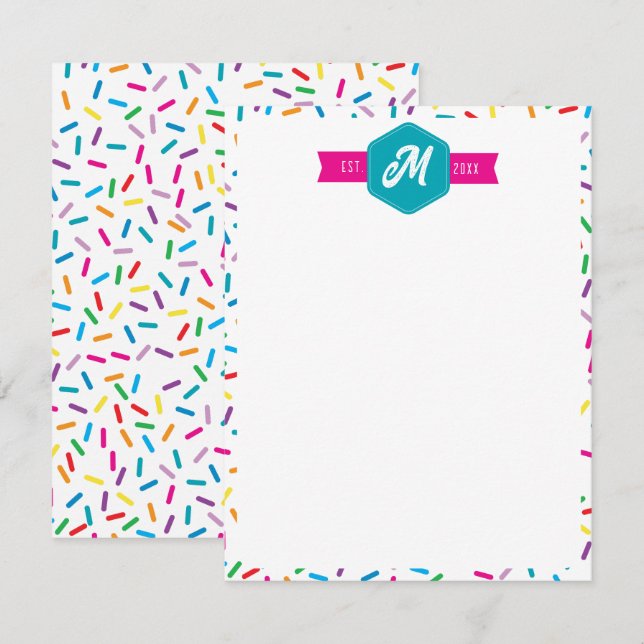 Colorful Rainbow Sprinkles Retro Monogram Note Card (Front/Back)