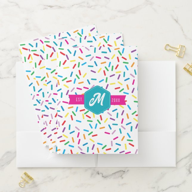 Colorful Rainbow Sprinkles Retro Monogram Pocket Folder (In Situ)