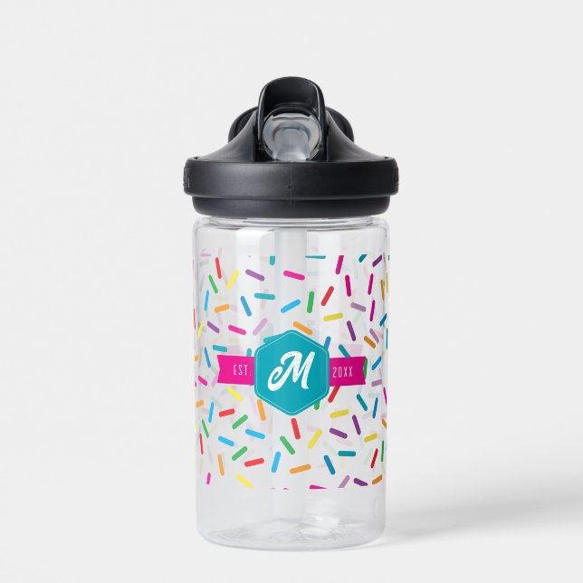 Colorful Rainbow Sprinkles Retro Monogram Water Bottle (Front)
