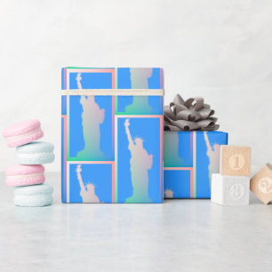 Colorful Rainbow Statue of Liberty New York Blue Wrapping Paper